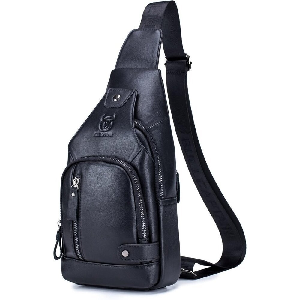 Bullcaptain Men Black Genuine Leather Sling Bag Multipurpose Crossbody Chest Bag